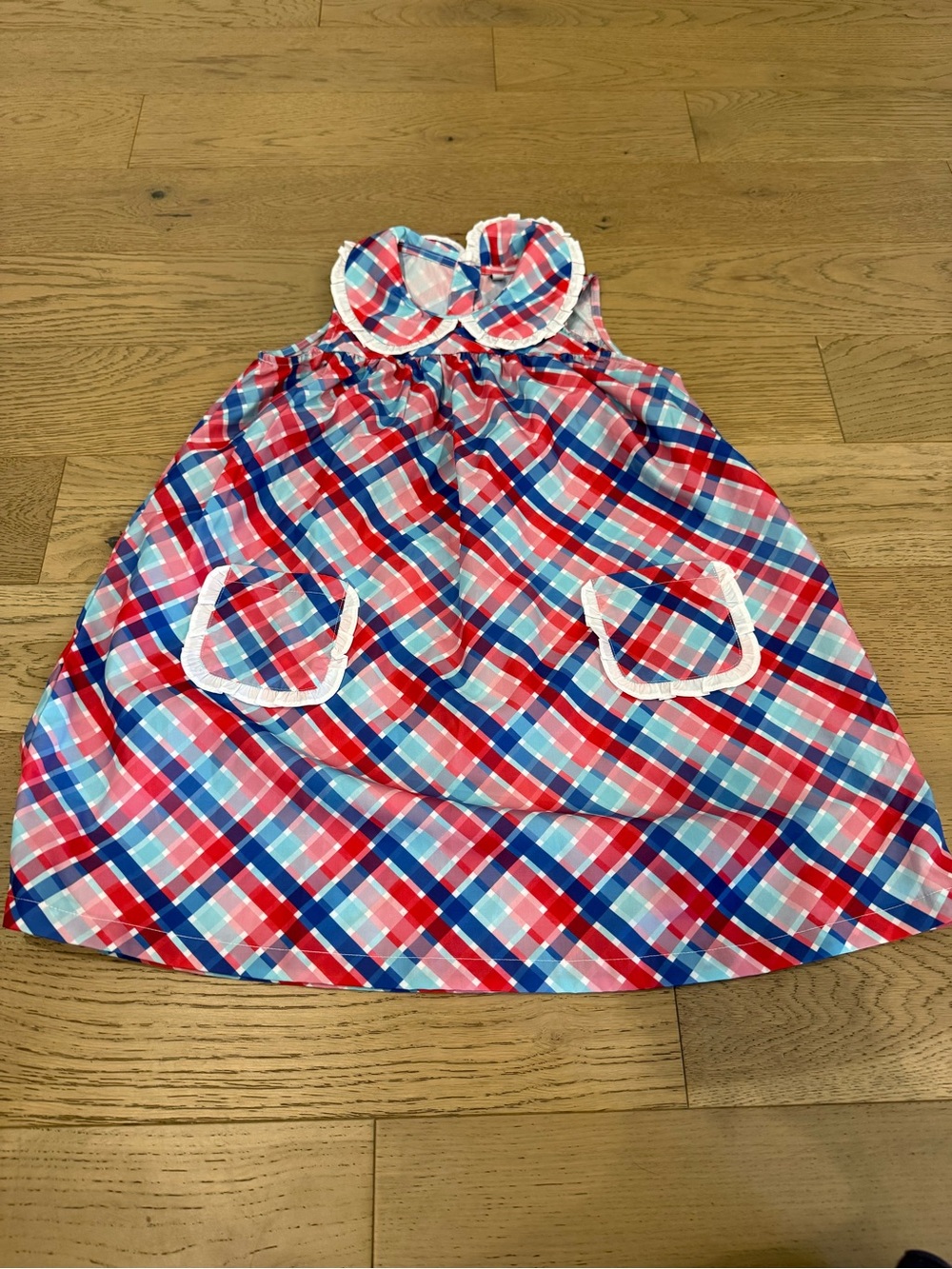Girls Size 7 Plaid Sleeveless Dress Red Blue White Ruffle Collar Pockets